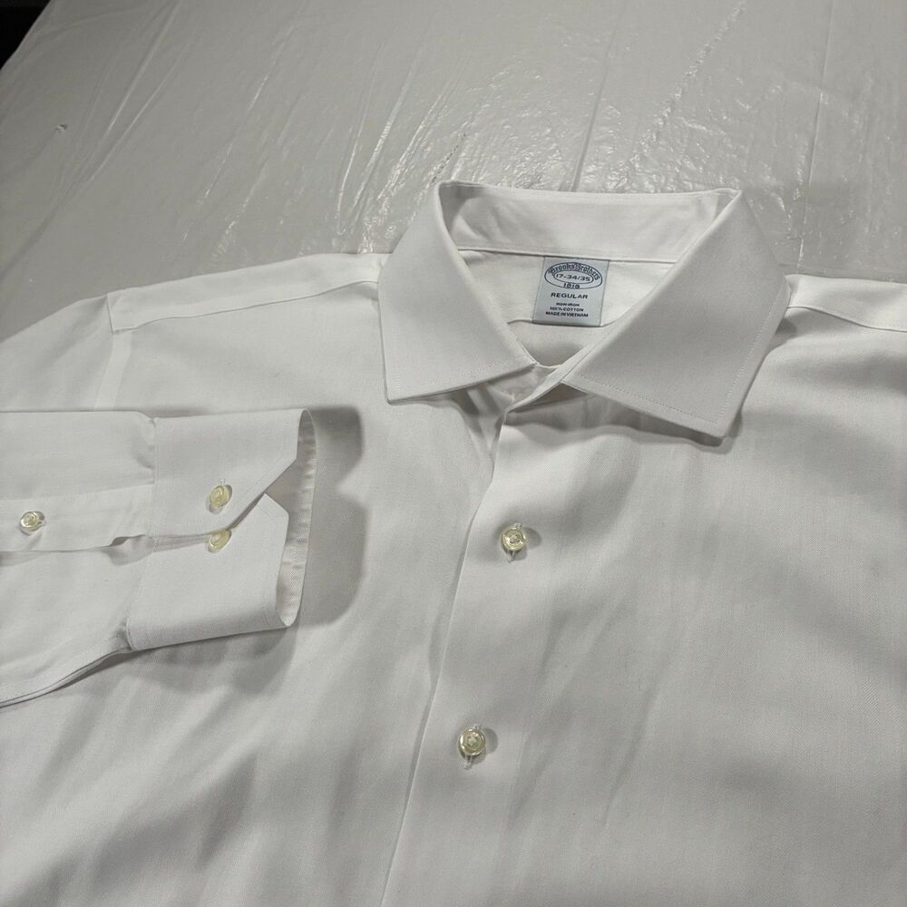 Brooks Brothers Dress Shirt Mens 17 34/35 White Solid Regular Non Iron Cotton